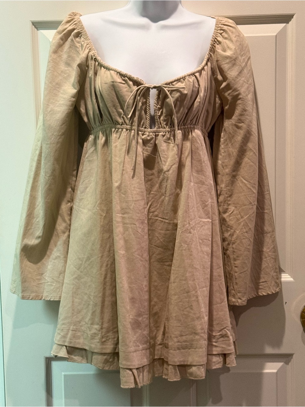 Beige Long-Sleeve Peasant Mini Dress with Tie Front - Picture 7 of 7